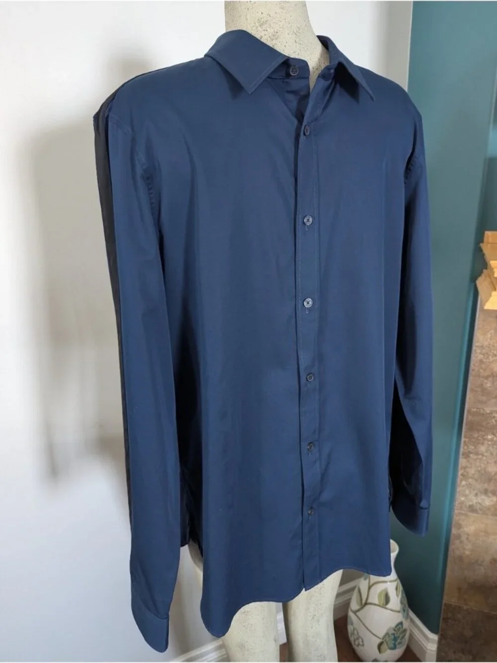 New Calvin Klein Blue Dress Shirt Black Military Stripe Sleeve 100% cotton Sz L
